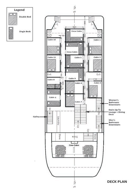 Discovery One deck plan showing all 11 cabins, crew areas, galley and bathrooms