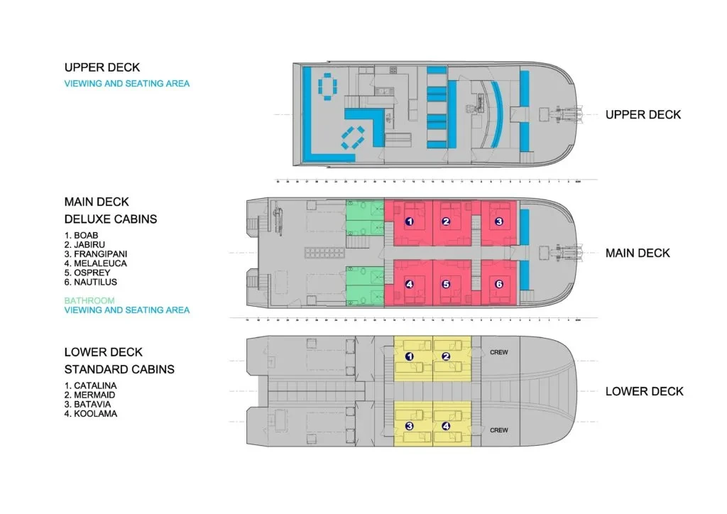 MV Odyssey deck plan — Upper, Main and Lower decks